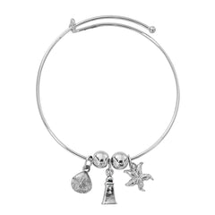 Silver Tone Expandable Scallop, Lighthouse and Starfish Three Charm Bracelet