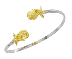 Pewter with two tone silver and gold finish starfish and scallop twist bracelet. USA made, Wholesale