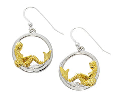 Wholesale large mermaid in circle drop earrings. Pewter with two tone gold and silver finish. USA made
