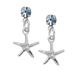 Layered Sterling Starfish Dangle Earrings with Swarovski Crystals SW252. Wholesale fashion Dangle Earrings. Hand crafted and hand polished in the USA. Cast in lead free pewter. Layered sterling silver finish. Medium sized Earrings.USA made