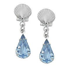 Scallop Shell with Swarovski Crystals Drop Earrings Layered Sterling SW255. Wholesale fashion Drop Earrings. Hand crafted and hand polished in the USA. Cast in lead free pewter. Layered sterling silver finish. Medium sized Earringsd.USA made