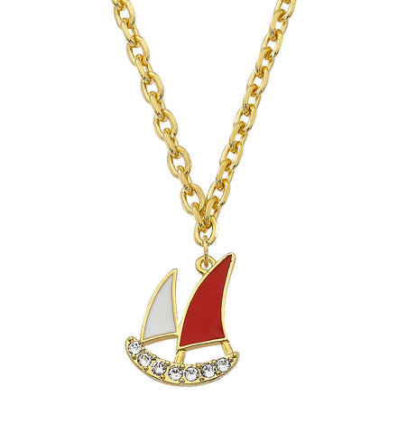Layered 24K Gold and Epoxy Sailboat with Swarovski Crystals Necklace NK554