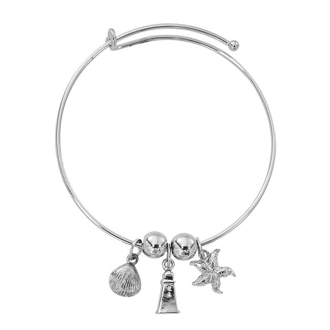 Silver Tone Expandable Scallop, Lighthouse and Starfish Three Charm Bracelet BADJ444