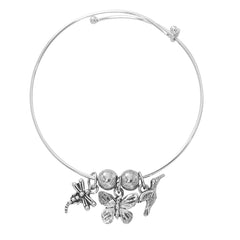 Silver Tone Expandable Dragonfly, Butterfly, Hummingbird Three Charm Bracelet
