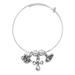 Silver Tone Expandable Trust God, Cross, Jesus Three Charm Bracelet