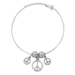 Silver Tone Expandable Graduated Peace Sign Three Charm Bracelet