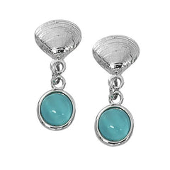 Wholesale fashion hand crafted and hand polished in the USA. Cast in lead free pewter. Layered sterling silver finish. Medium earring with a round 7mm cat's eye, Quahog Shell with Round Cat's Eye Drop Earrings Layered Sterling CE761