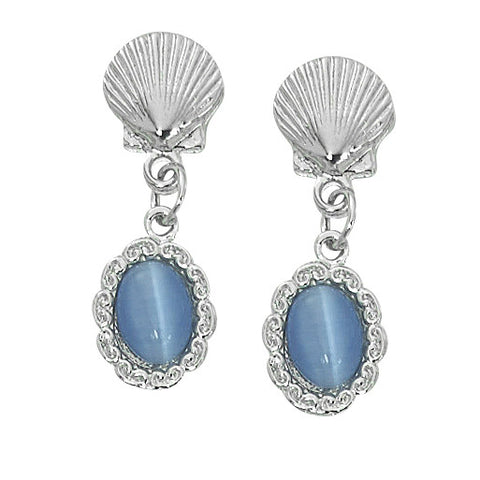 Scallop Shell with Oval Cat's Eye Drop Earrings Layered Sterling CE764