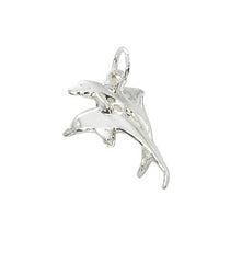 Double dolphin charm. Pewter with silver or gold finish. USA made, wholesale.