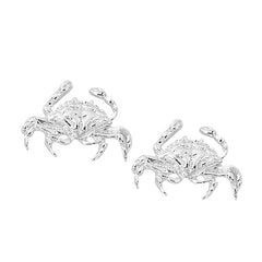 Layered Sterling Blue Crab Stud Earrings CRB600. Wholesale fashion hand crafted and hand polished in the USA. Cast in lead free pewter. Layered sterling silver finish. Small stud earrings.