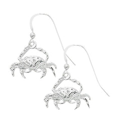 Layered Sterling Crab Dangle Earrings CRB602. Wholesale fashion Dangle Earrings. Hand crafted and hand polished in the USA. Cast in lead free pewter. Layered sterling silver finish. Small sized Earrings.USA made