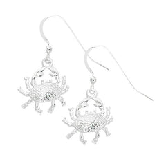 Layered Sterling Blue Crab Dangle Earrings CRB603. Wholesale fashion Dangle Earrings. Hand crafted and hand polished in the USA. Cast in lead free pewter. Layered sterling silver finish. Small sized Earrings.USA made.