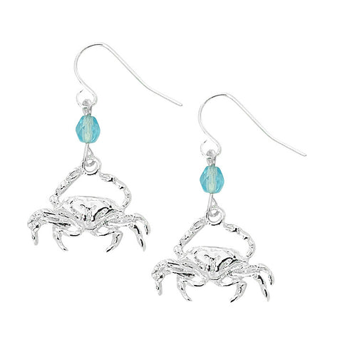 Layered Sterling Blue Crab Dangle Earrings with Round Swarovski Beads CRB606