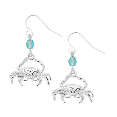 Layered Sterling Blue Crab Dangle Earrings with Round Swarovski Beads