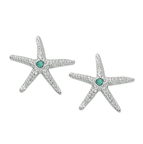 Layered Sterling Starfish Stud Earrings wiyh Aqua Swarovski Stone E111S
