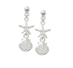 Scallop and Starfish drop earrings in pewter with silver or gold finish. USA made Wholesale.