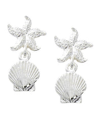 Wholesale fashion starfish with scallop shell drop earrings pewter with sterling silver and 24 karat gold finish USA made