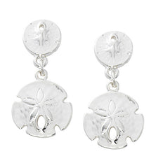 Fashion double sanddollar drop earrings in pewter with sterling silver or gold finish. USA made, wholesale.