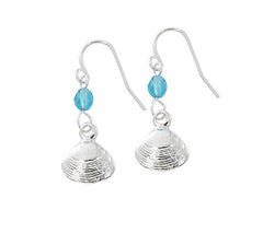 Quahog and round bead drop earrings. Pewter with silver or gold finish. Wholesale, USA made.