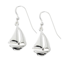 Sailboat drop earrings in pewter with silver or gold finish. Wholesale, USA made.