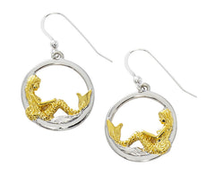 Wholesale large mermaid in circle drop earrings. Pewter with two tone gold and silver finish. USA made