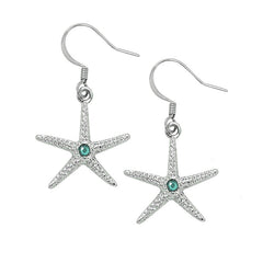 Layered Sterling Starfish Dangle Earrings with Swarovski Crystals SF196S. Wholesale fashion Dangle Earrings. Hand crafted and hand polished in the USA. Cast in lead free pewter. Layered sterling silver finish. Medium sized Earrings. USA made