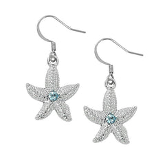 Layered Sterling Starfish Dangle Earrings with Swarovski Crystals SF198. Wholesale fashion Dangle Earrings. Hand crafted and hand polished in the USA. Cast in lead free pewter. Layered sterling silver finish. Medium sized Earrings. USA made