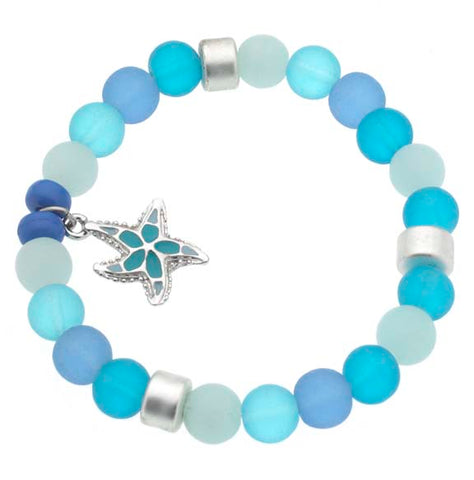 Starfish with Turq. Epoxy Sea Glass Beads Expandable Gel Cord Bracelet  SGB 102