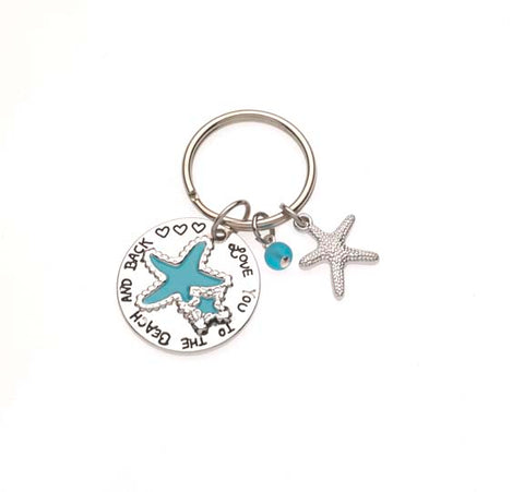 Love You To The Beach And Back Key Chains W/Sea Glass Bead and Starfish