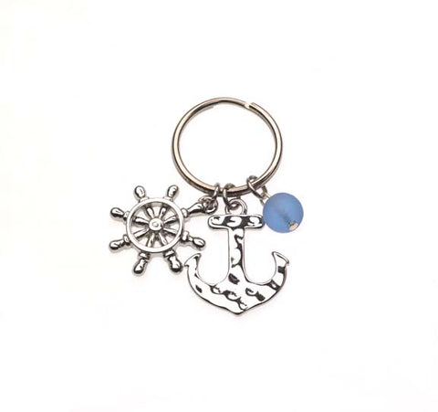 Anchor/Shipwhell W/Sea Glass Beads Key Chains