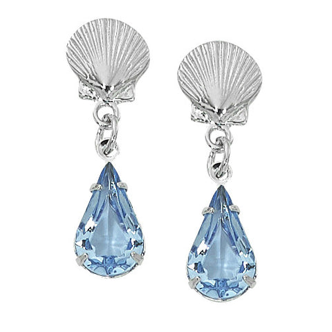 Scallop Shell with Swarovski Crystals Drop Earrings Layered Sterling SW255