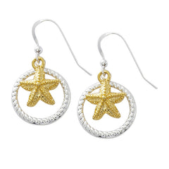 Wholesale fashion starfish with rope circle drop earrings pewter with sterling silver and 24 karat gold finish USA made