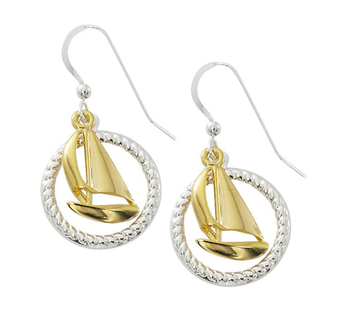 Sailboat with Rope Circle Two Tone Drop Earrings TT204