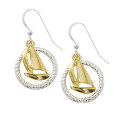 Wholesale fashion sailboat earrings two tone pewter with sterling silver and 24 karat gold finish USA made