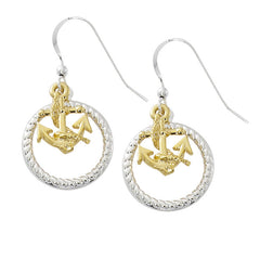 Pewter with two tone gold and silver finish rope and anchor drop earrings. USA made wholesale