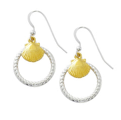 Wholesale fashion scaoop shell with rope circle earrings two tone pewter with sterling silver and 24 karat gold finish USA made