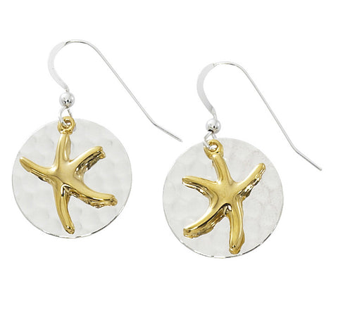 Dancing Starfish Round Hammered Two Tone Drop Earrings TT209
