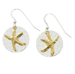 Wholesale two tone dancing starfish drop earrings in pewter with gold and silver finish. USA made