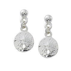Sand dollar drop earrings in pewter with silver or gold finish. USA made wholesale