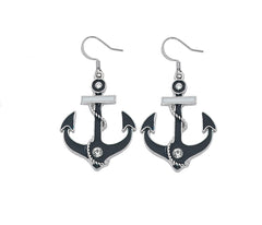 Wholesale fashion Dangle Earrings. Hand crafted and hand polished in the USA. Cast in lead free pewter. Layered sterling silver finish with Epoxy and Swarovski crystals. Medium sized Earrings. USA made