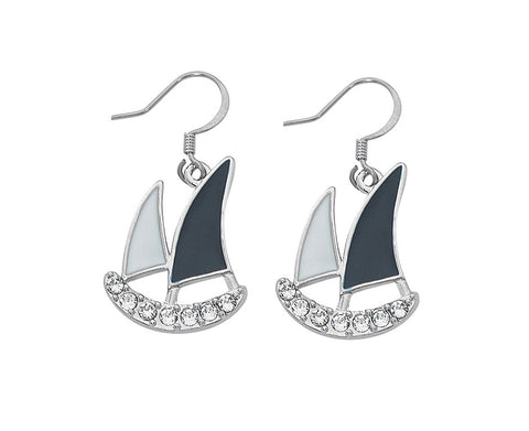 Layered Sterling and Epoxy Sailboat with Swarovski Crystals Dangle Earrings EX941