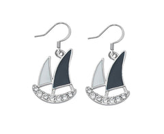 Wholesale fashion Dangle Earrings. Hand crafted and hand polished in the USA. Cast in lead free pewter. Layered sterling silver finish with Epoxy and Swarovski crystals. Medium sized Earrings. USA made