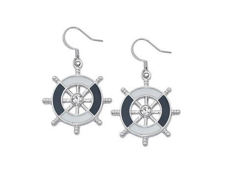 Layered Sterling and Epoxy Ship Wheel with Swarovski Crystals Dangle Earrings EX942