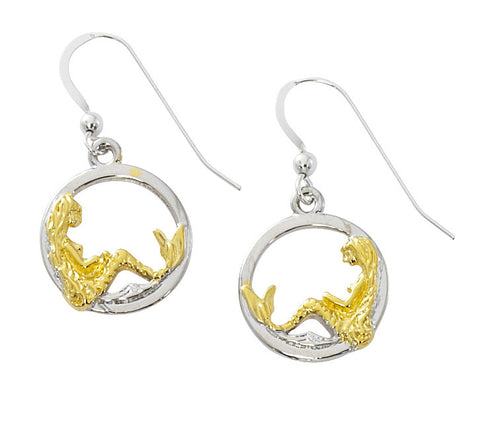 Mermaid in Circle Two Tone Drop Earrings MM906