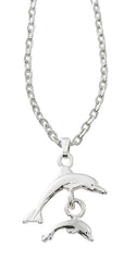 Wholesale double dolphin necklace in pewter with silver or gold finish. USA made