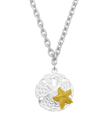 Wholesale fashion hand crafted and hand polished in the USA. Cast in lead free pewter. Layered sterling silver finished sand dollar with Layered 24K gold finished starfish. 18 inch chain. Medium sized pendant. USA made