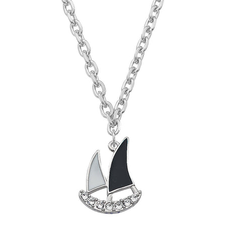 Layered Sterling and Epoxy Sailboat with Swarovski Crystals Necklace NK552