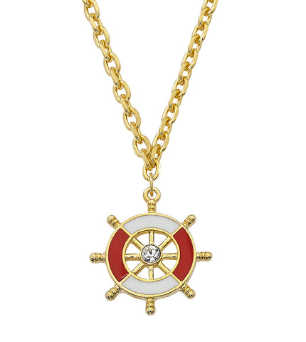 Layered 24K Gold and Epoxy with Swarovski Crystal Ship Wheel Necklace NK553