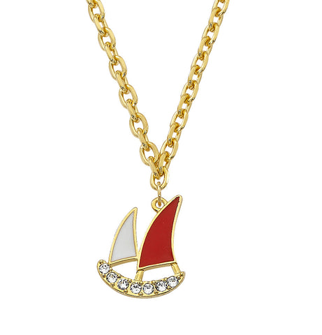 Layered 24K Gold and Epoxy Sailboat with Swarovski Crystals Necklace NK554