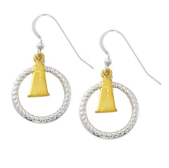 Wholesale lighthouse in circle drop earrings. Pewter with two tone silver and gold finish. USA made